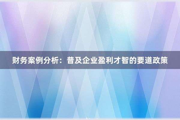 财务案例分析：普及企业盈利才智的要道政策
